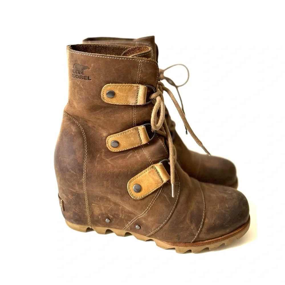 Sorel Joan of Arctic Wedge Mid Brown Distressed Genuine Leather Waterproof Boots